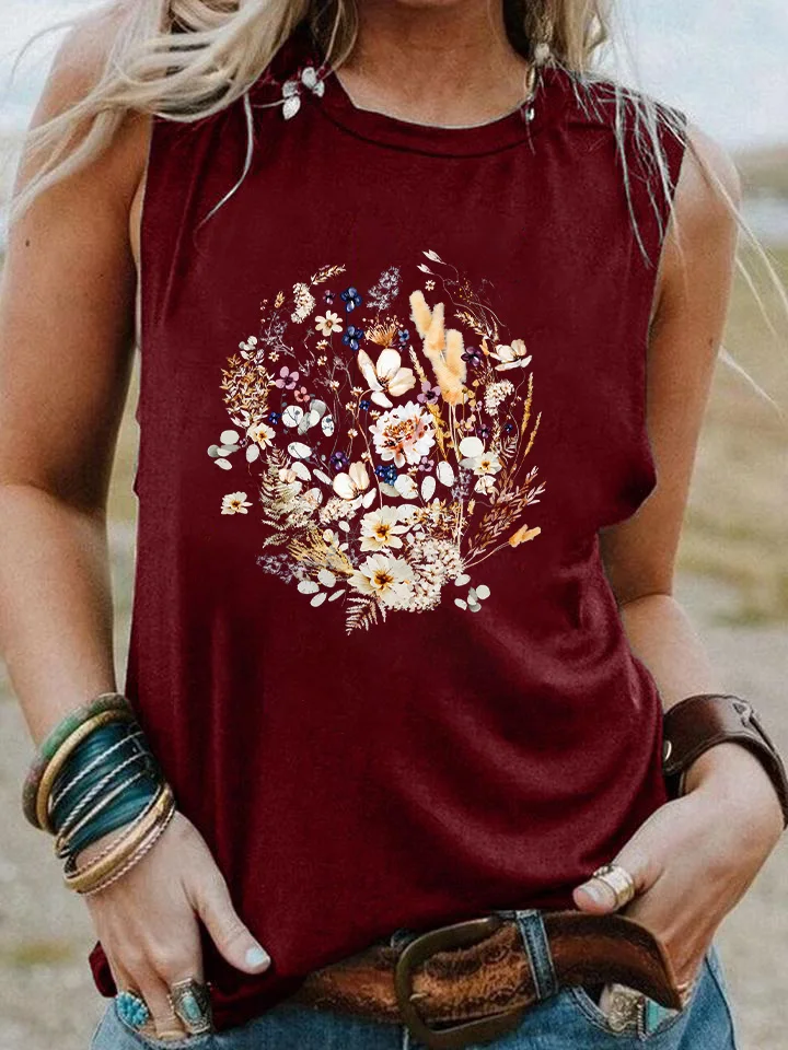 Women's Floral Vest Casual Summer Cap Sleeve Sleeveless Wildflower Floral Pattern T-Shirt Top