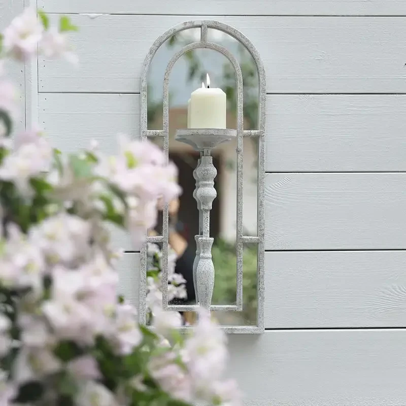 Vintage Retro White Metal Wall Candle Holder with False Window Mirror Design