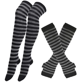 Windproof Leg Stockings Striped Glove Thigh Women Long Christmas Socks Grey Black for