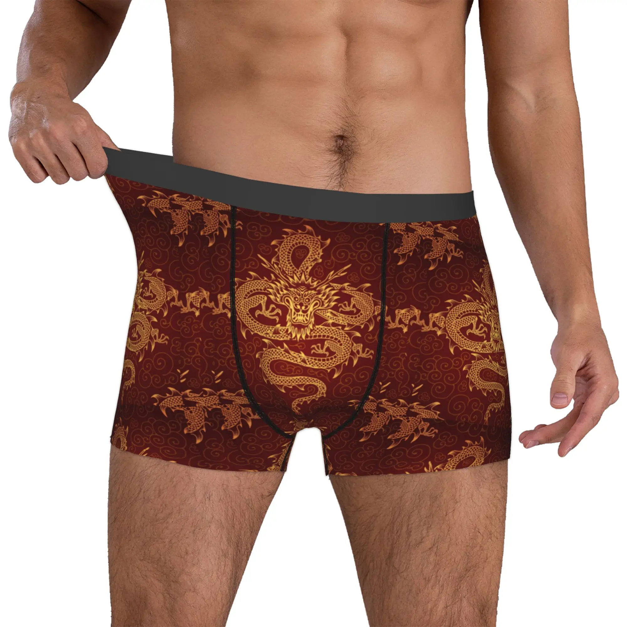 Male Fashion Dragon Totem Asian Style Underwear Chinese Oriental Mythical Boxer Briefs Stretch Shorts Panties Underpants