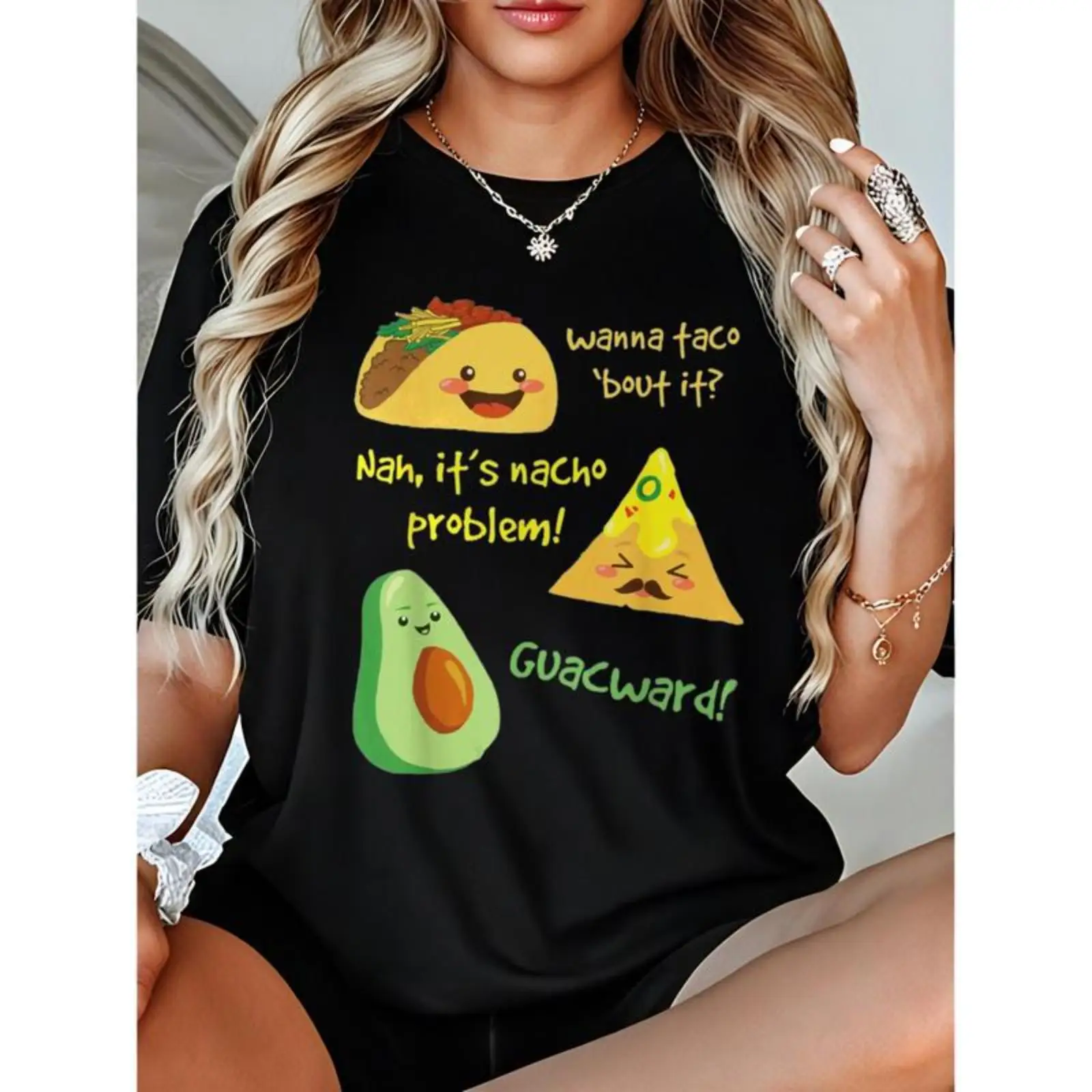 

Funny Taco T-shirt Women's Nacho Problem Graphic Tee Cute Foodie Tops Guacward Humor T-shirt Gifts