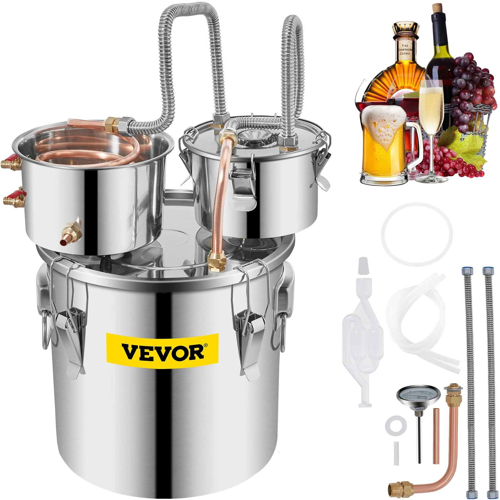 VEVOR 5Gal/19L Stainless Steel Alcohol Distiller with Copper Tube & Build-in Thermometer, Double Thumper Keg Home Brewing Kit