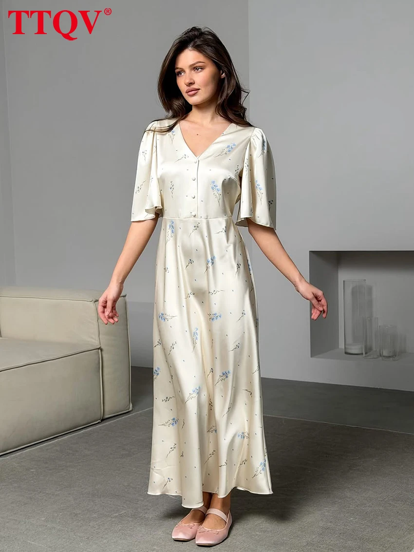 

TTQV Summer Loose Print Women's Dress 2026 Sexy V-Neck Short Sleeve Ankle Length Dresses Elegant Classic Female Dress Streetwear