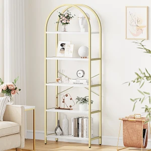 5-stöckiges, gewölbtes Bücherregal mit offenen Ablageflächen – hohes Bücherregal mit Metallgestell für Wohnzimmer, Schlafzimmer und Homeoffice.
