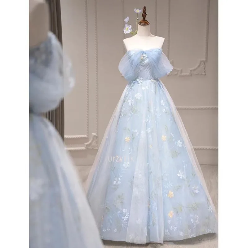 Vestidos de festa de noite feminino princesa fora do ombro sem mangas bordado banquete formal ocasião vestido elegante vestido de baile