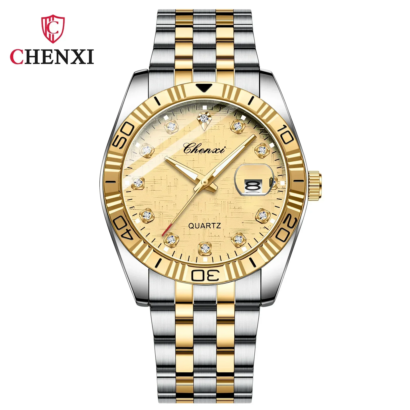 Chenxi 8201B Couple Calendar With Diamond Gold Steel Band Fashion Business Quartz Watch Relogios Feminino Wristwatch Mens