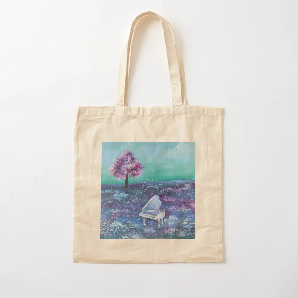 

nature dreamy landscape purple wildflower field cherry blossom white piano Tote Bag large size bags Canvas Tote Bag