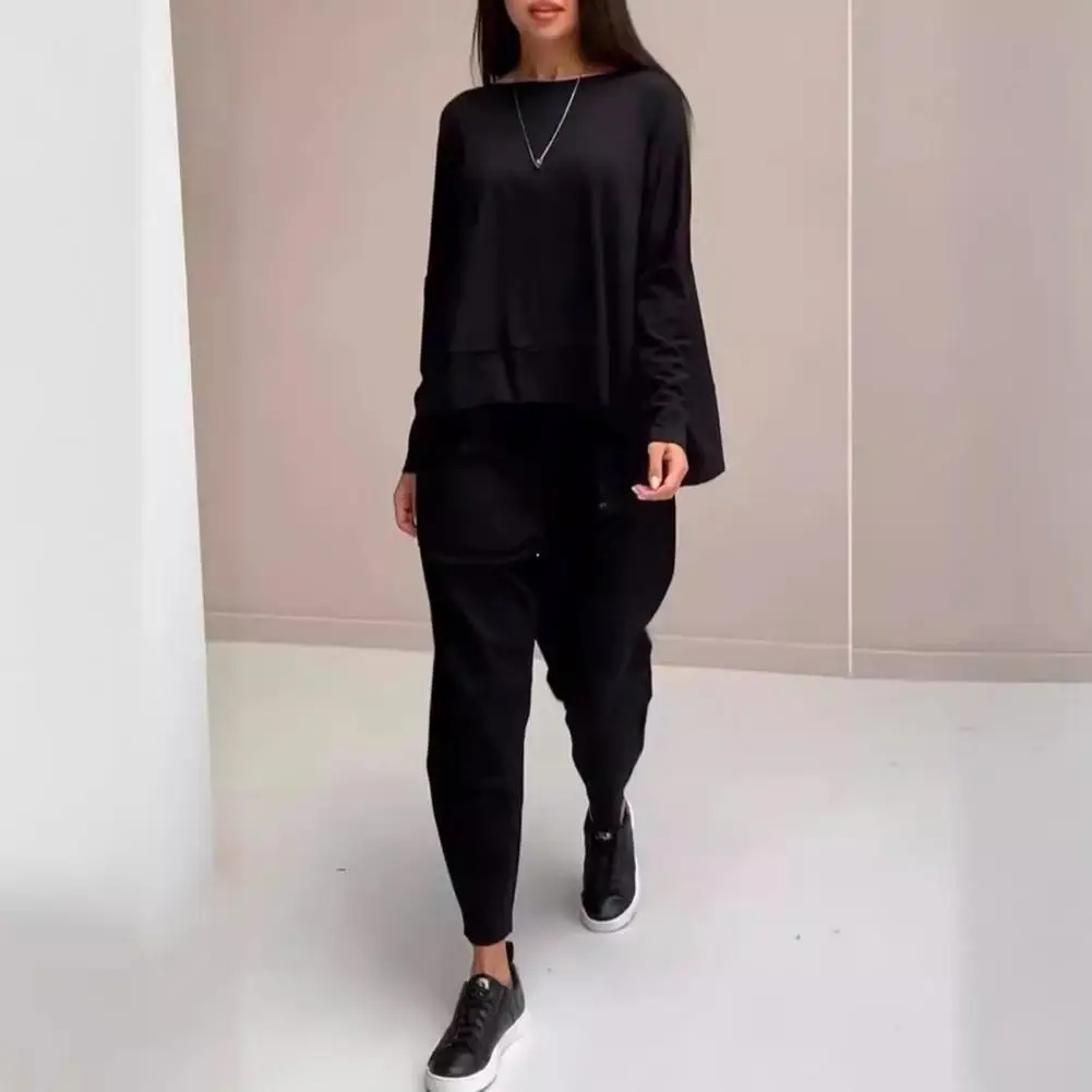 Lady Fitness Clothes Stylish Women\'s Top Pants Set with Long Sleeves O Neck T-shirt Elastic Waist Ankle-banded Trousers for Ol