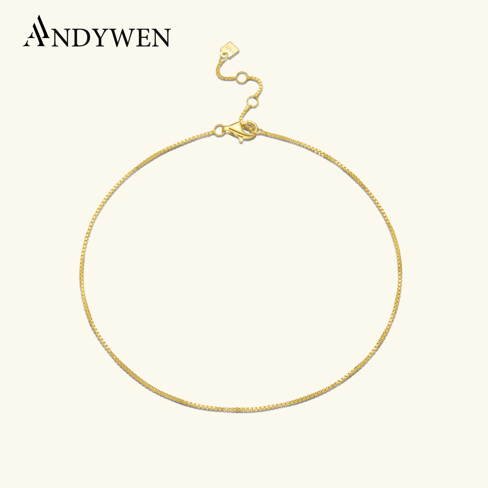 

ANDYWEN 925 Sterling Silver Gold Baby Box Chain Anklet Slim Chains For Foot Women Luxury Simple Fine Jewelry Gift Wedding Party