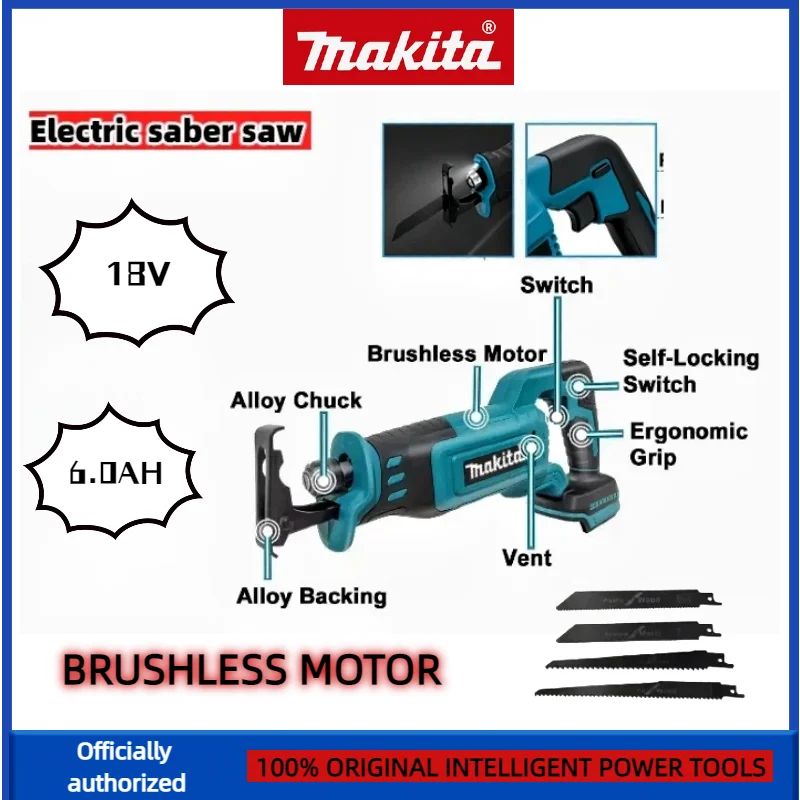 Makita serra alternativa sem escova, serra alternativa portátil, ferramentas elétricas sem fio com 4 peças de lâminas de serra para bateria de 20v 18v