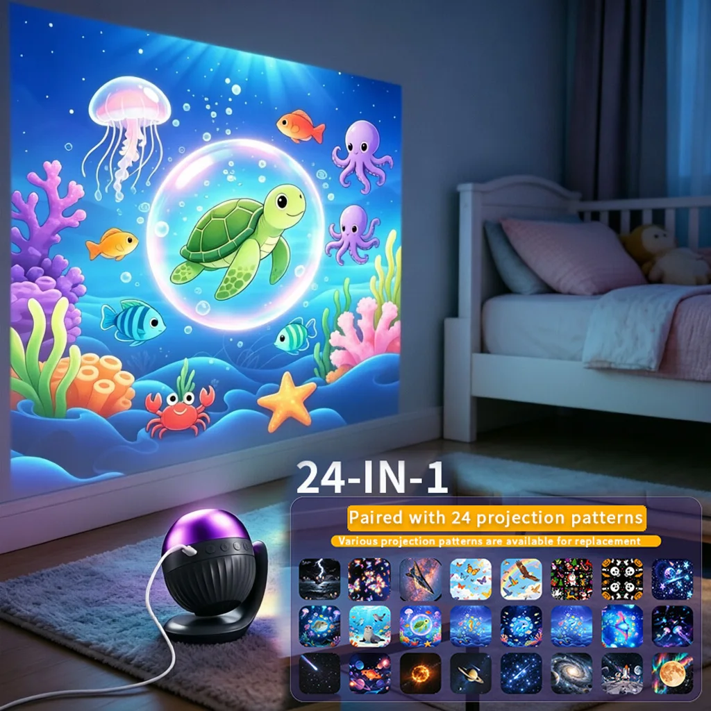 24IN1 Galaxy Ocean Projector Lights 360° Rotatable Projection Built-in 7 Sleeps Sounds Timer Bedside Night Lamp Bedroom Decor