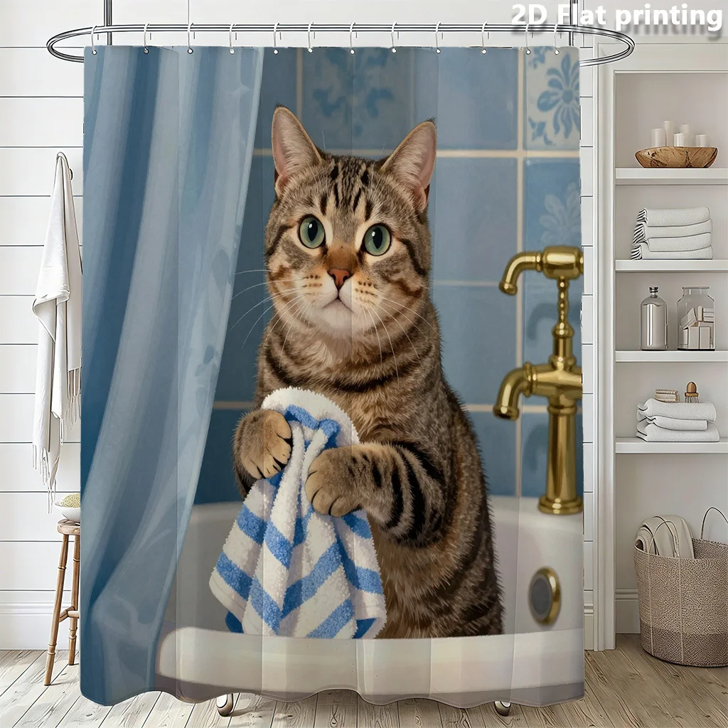 realistic tabby cat holding towel shower curtain for bathroom waterproof moisture proof privacy protection 2D printing non-toxic