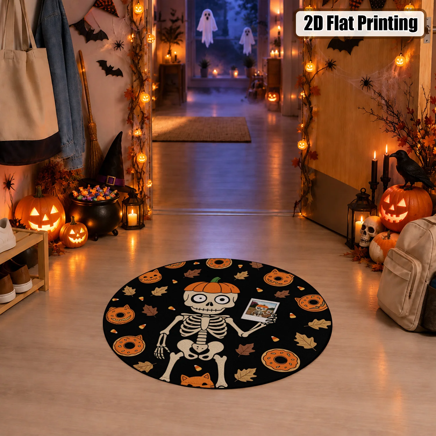 Round Skeleton Pumpkin Donut Autumn Leaf Print Velvet Floor Mat Machine Washable in Living Room Entryway Bedroom Ideal for Halloween Thanksgiving Christmas New Year Black Friday Cyber Monday