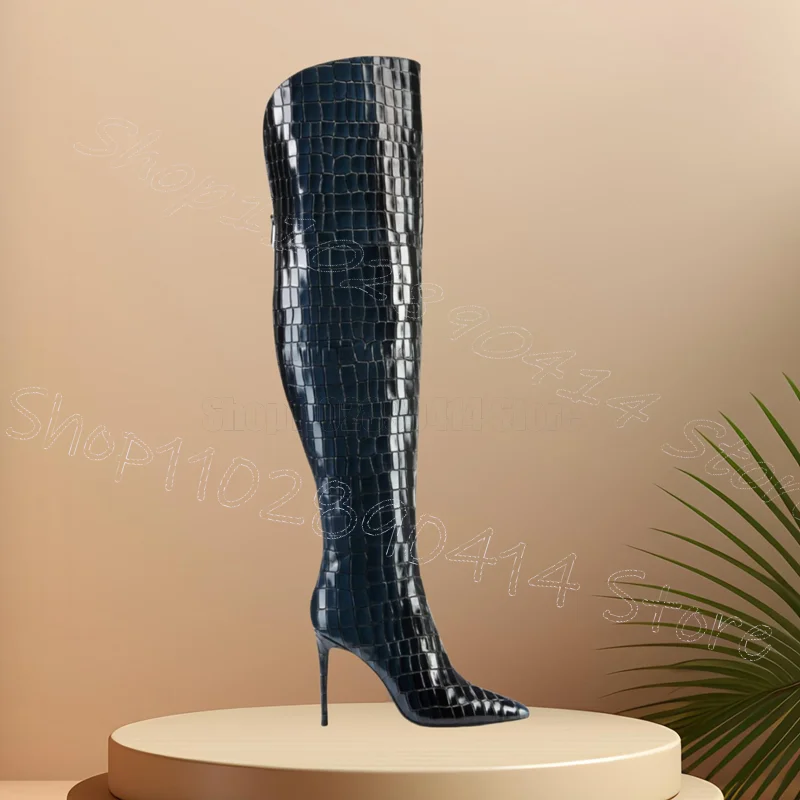 

Black Blue Alligator Print Pointed Toe Boots Back Zipper Women Shoes Thin High Heels New Party Banquet 2025 Zapatos Para Mujere