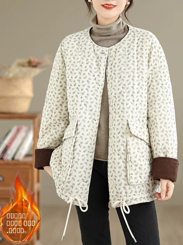 Verdickte Baumwolle gepolsterte Jaet runde Ne Print Cord Oberbekleidung Warm Fce Damen Mantel Winter Pendeln Sle Loose Fit