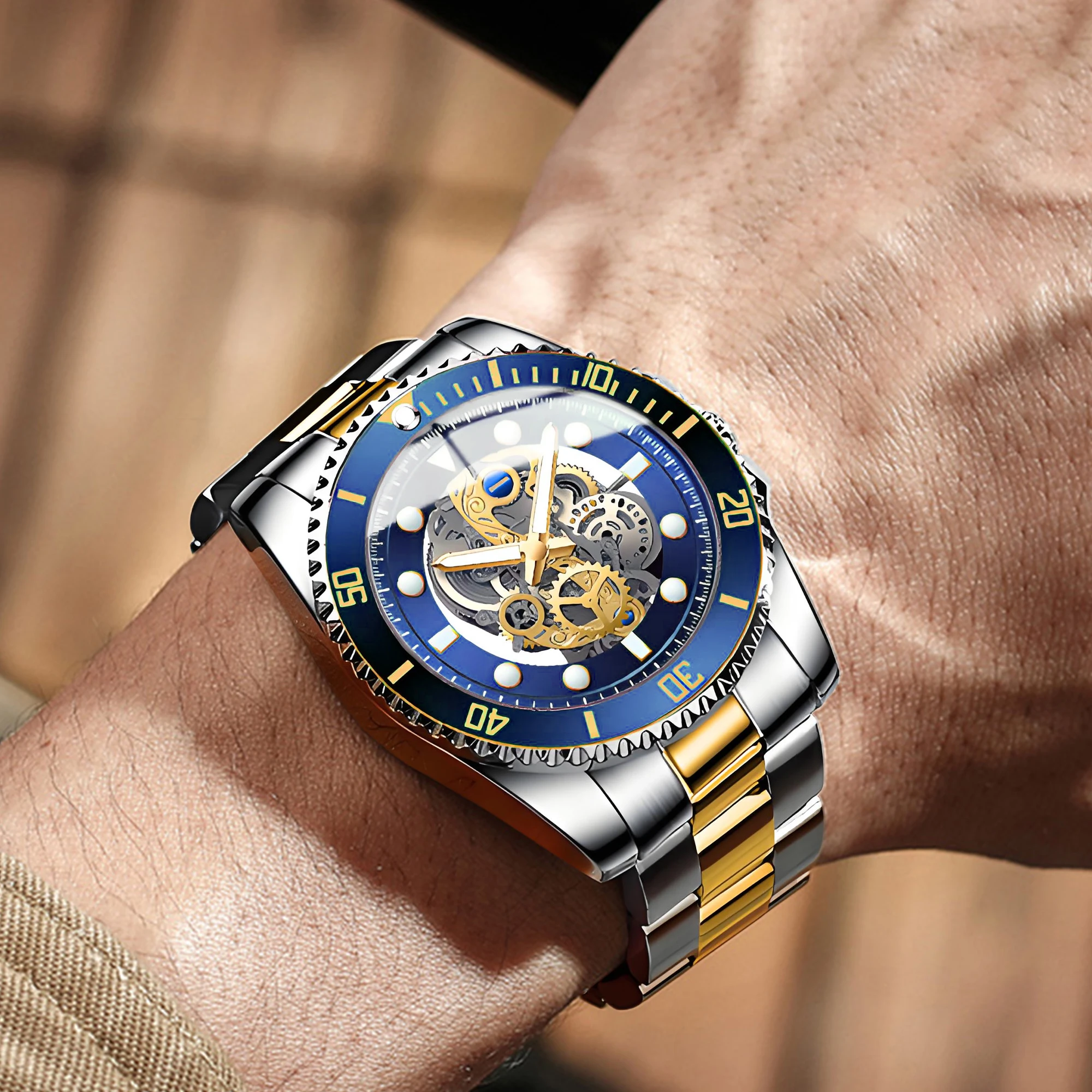 BINBOND Skeleton Waterproof Men's Watches Reloj Hombre Stainless Steel Quartz Wristwatches For Men Luxury Luminous Man Watch view 3