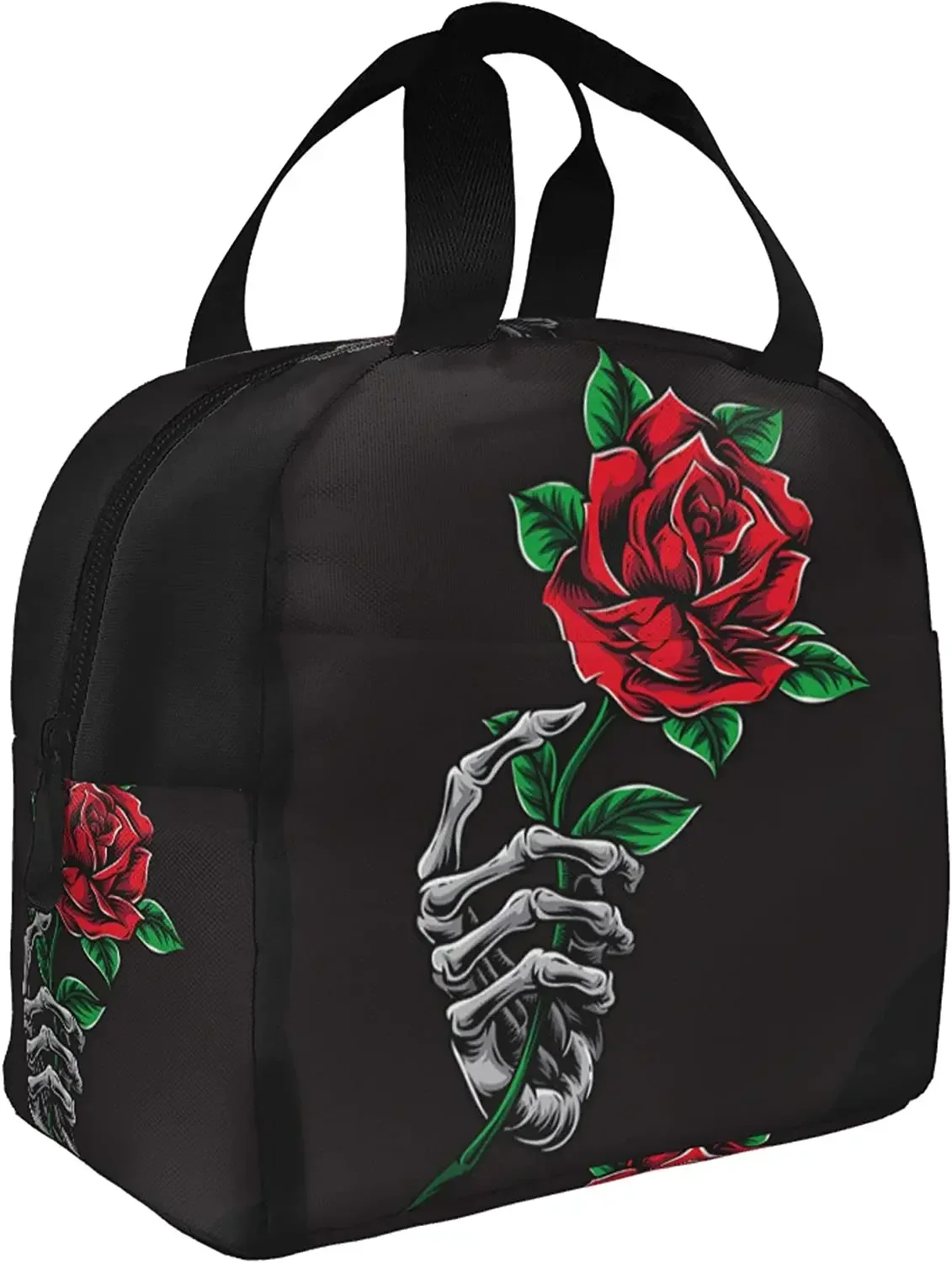 Skeleton Hand Holding Red Rose Lunch Bags Insulated Lunch Box Cooler Thermal Tote Bag Reusable for Work School Hiking Picnic