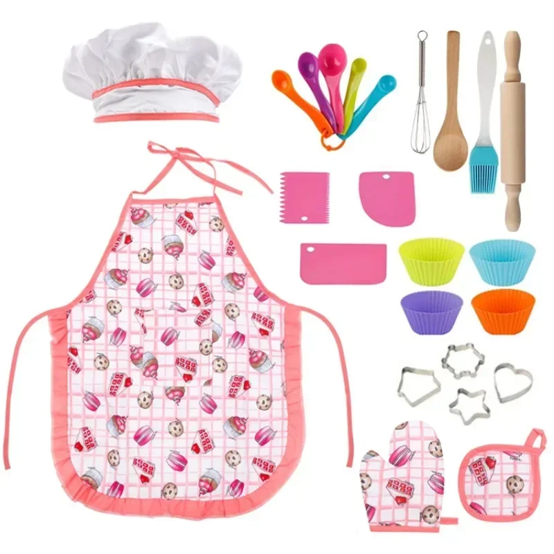 Play House Kitchen Toys Kit Chef Suit Apron Cake Mini Baking Mold Glove Spoon Cup Hat Tool Pretend Play Girls Birthday Gifts