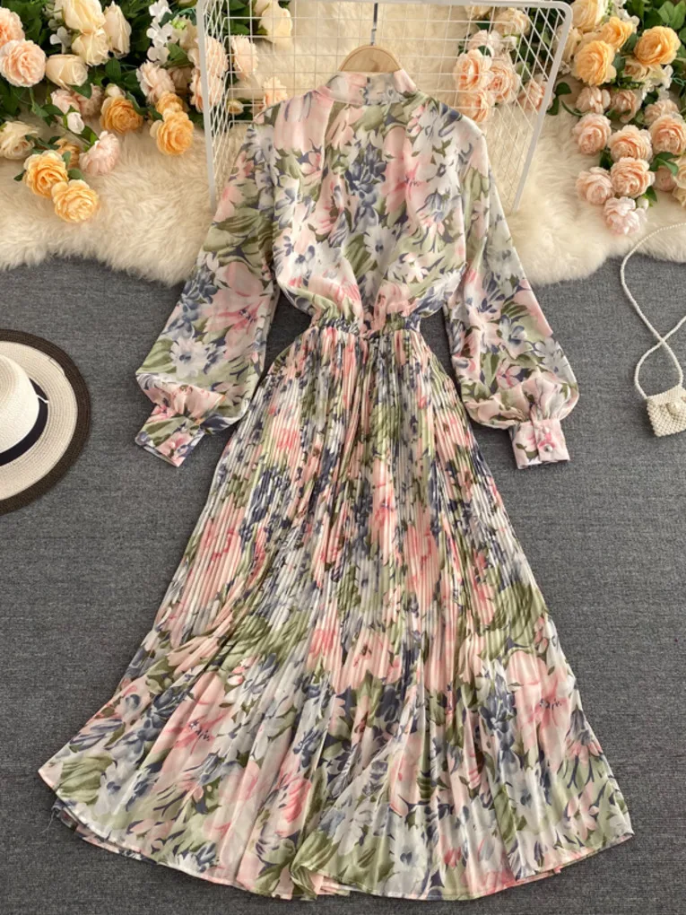 Foamlina Nieuwe Chic Bloemenprint Lange Mouwen Vrouwen Jurk Bowtie Kraag Slanke Elastische Taille Chiffon Strand Vakantie Geplooide Jurken