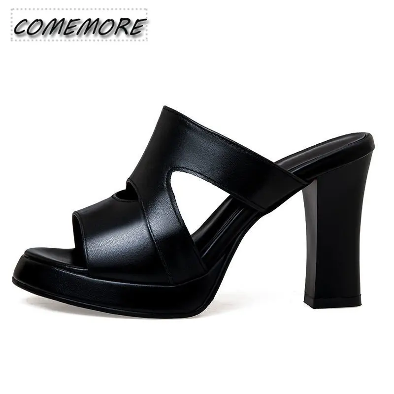 New 2023 High Heels Slippers Women Platform Shoes Summer Block Heel Leather PU Slides Ladies Office Casual Fashion Plus Size 43