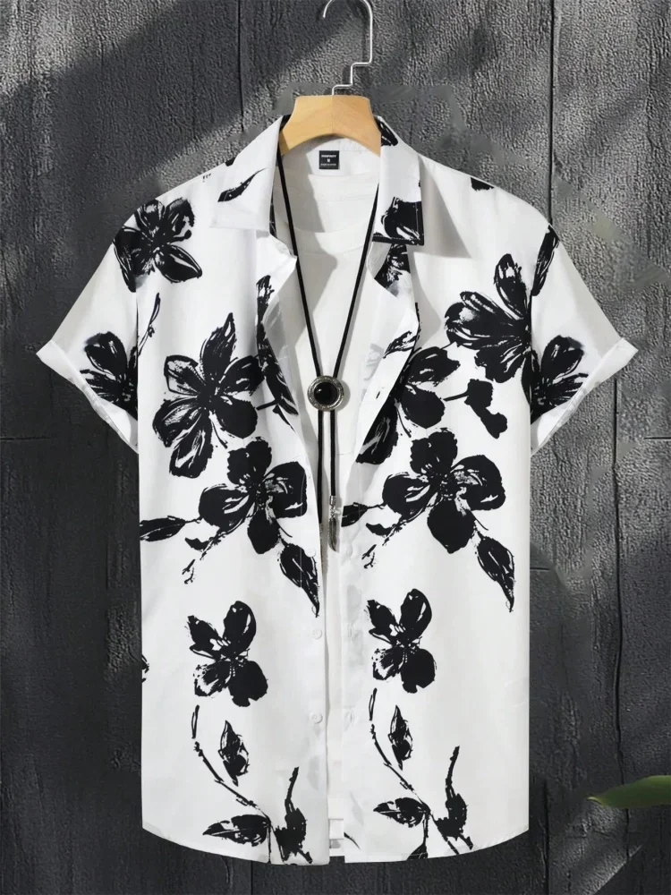 

Summer Men's Short-sleeved Shirt With White Base, Simple Floral Print, Single-breasted Lapel, Urban Street Fashion And Comfort