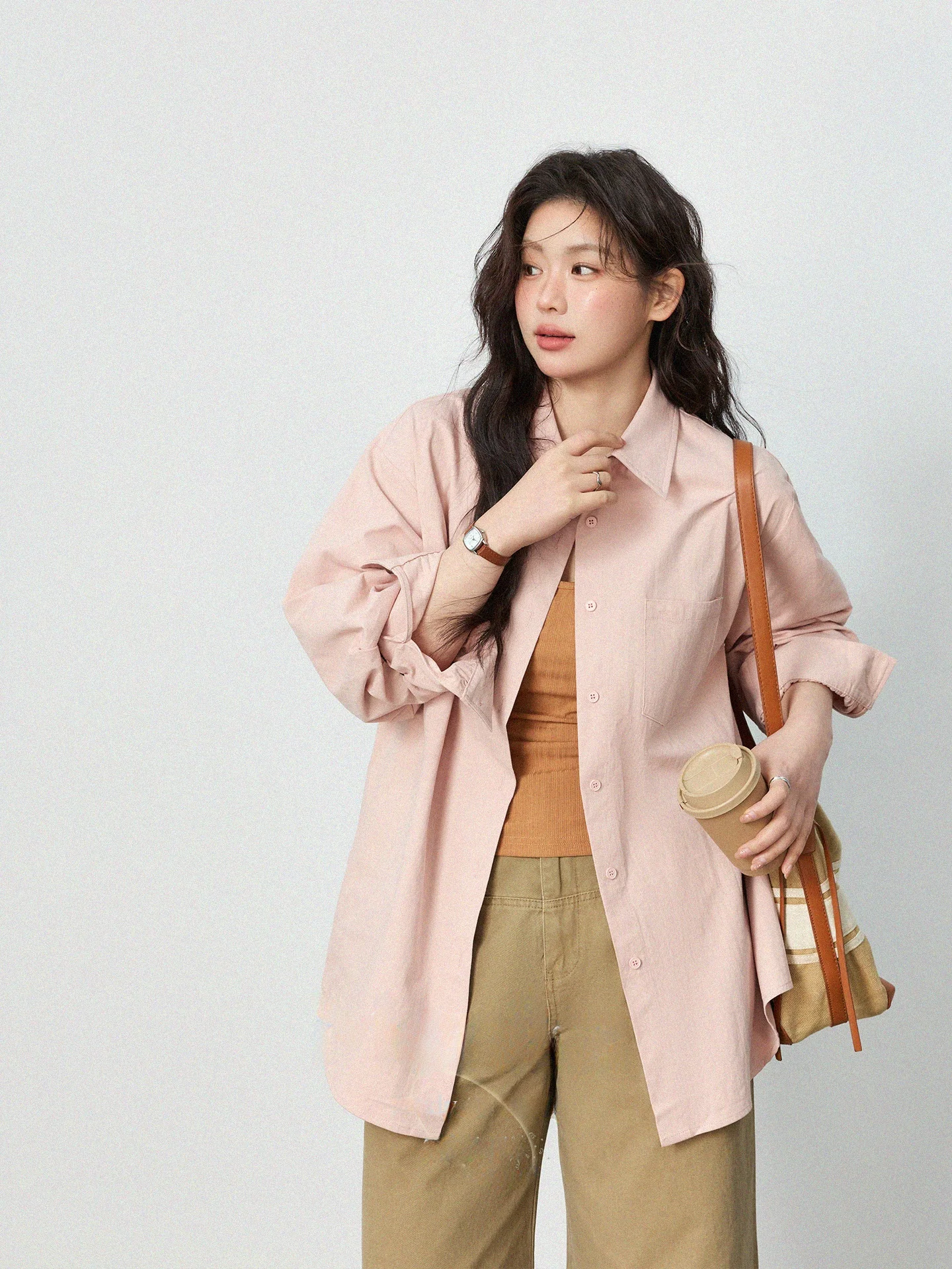 

plus Size Women's Casual Long Sve irt Spring New Sle Loose High Waist Button up Cotton Pink irt Korean Sle Outerwear