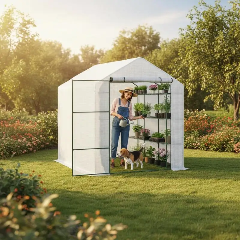 

Walk-in Plant Nursery 95.25" x 70.75" x 82.75" For Backyard Garden Patio, 18 Shelves PE Cover Roll-up Zipper Door Heavy Duty