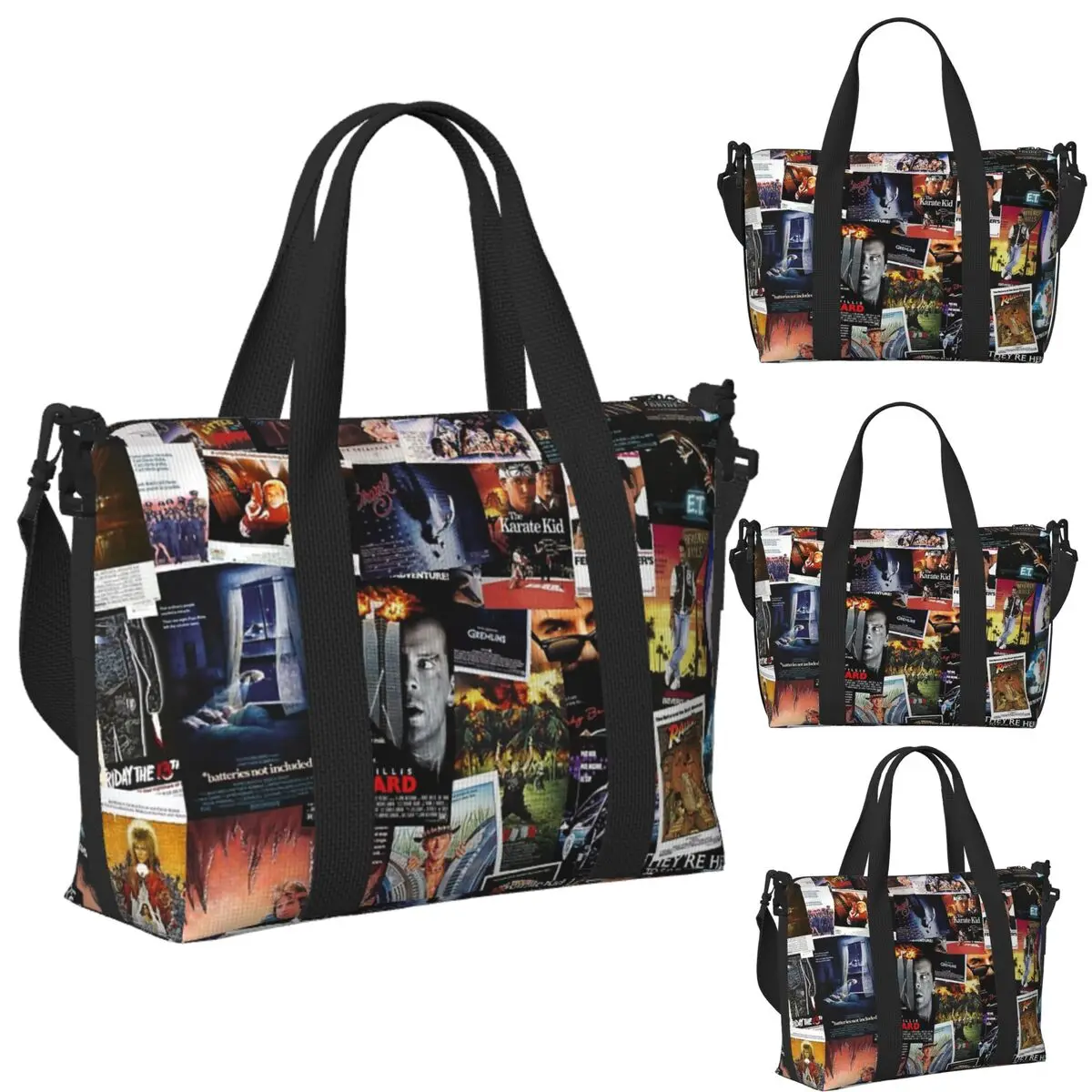 

Custom 1980s Movie Posters Beach Travel Bag Large Capacity Tote Bags for Gym Sport Women Shopping Duffle Shoulder Bag