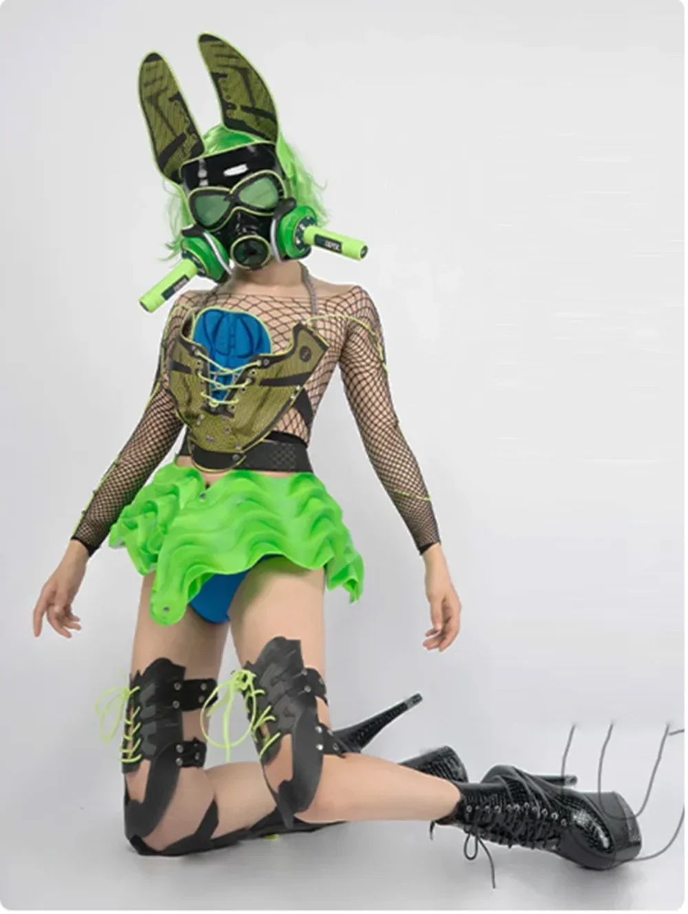 Fluorescent Violent Bunny Cosplay Costume Rave Outfit LED Explosion-Proof Mask Nightclub Gogo Performance Stage Costume yj051