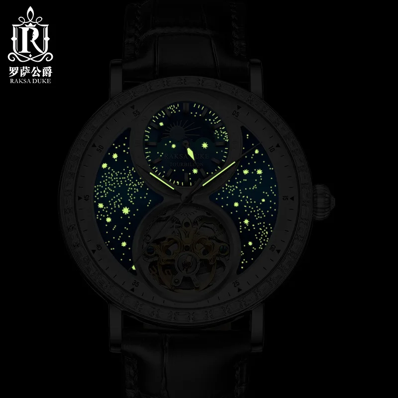 Starry Tourbillon Skeleton Automatic Watch for Men Luxury Diamond Moon Phase Mechanical Mens Watches Waterproof Montre Homme New