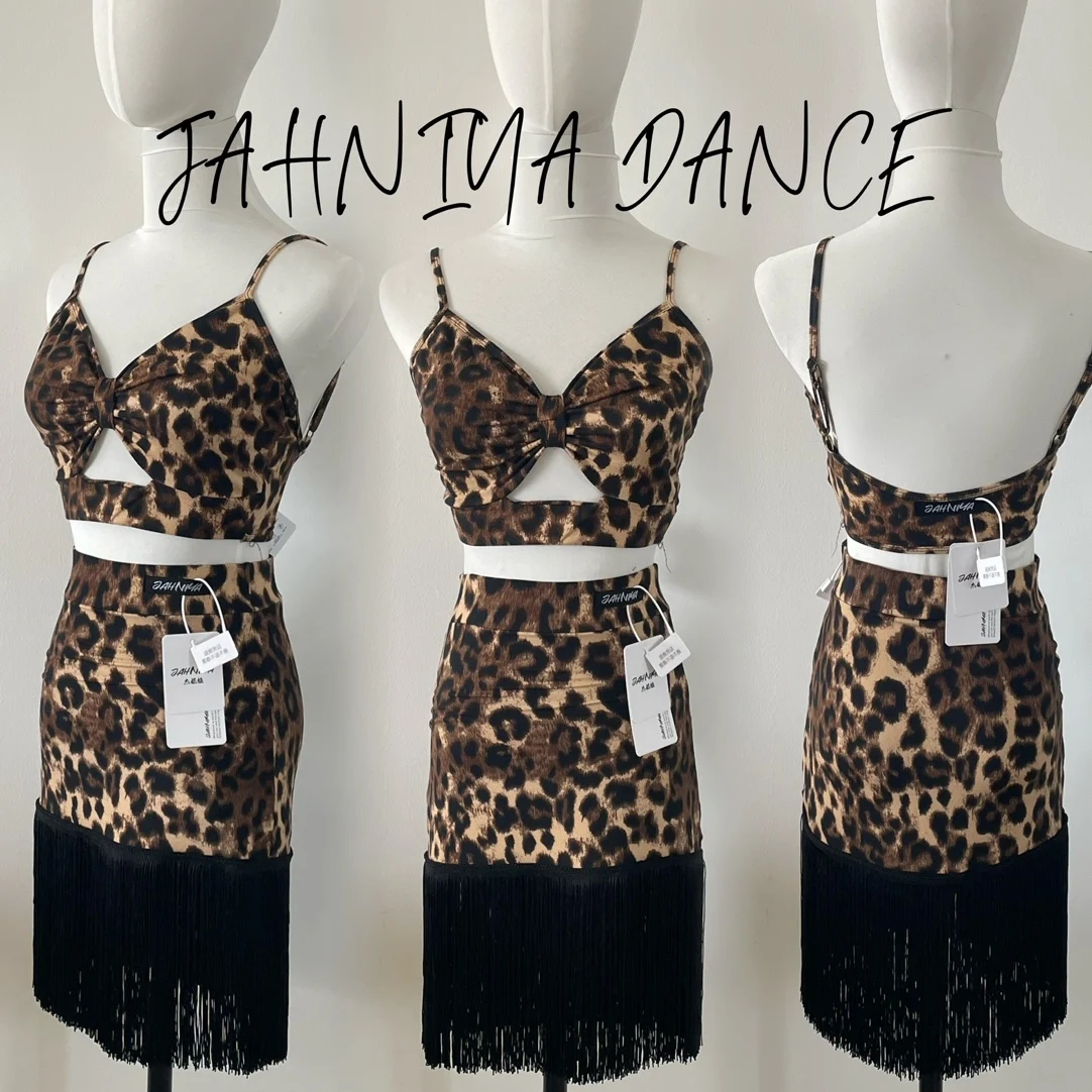 

Summer Sexy Latin Dance Clothes Leopard Tops Fringe Skirt Adult Cha Cha Samba Dance Practice Wear Performance Costume DNV23521