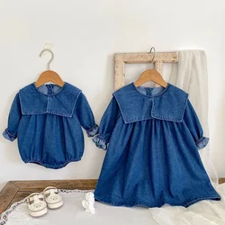 2024 New Autumn Kids Princess Dresses 2-6Yrs Girl Party Dress Long Sleeved Solid Color Denim Baby Girl Romper Children Clothes