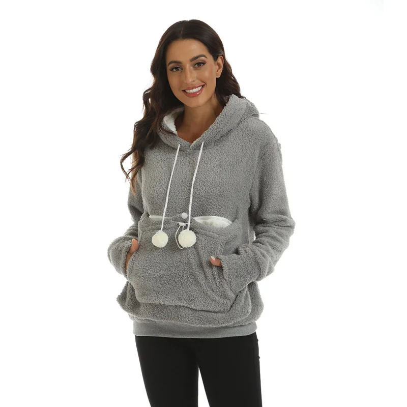 

Autumn Winter New Solid Color Pom Drawstring Hoodie with Large Pocket and Double-Sided Fleece Cats