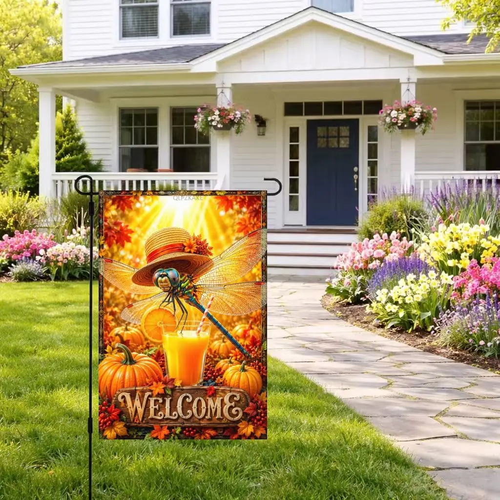 Dragonfly Garden Flag 28x40 Inch Double Sided Linen Fall Harvest Welcome Banner Featuring Dragonfly Pumpkin and Autumn Folia kkz