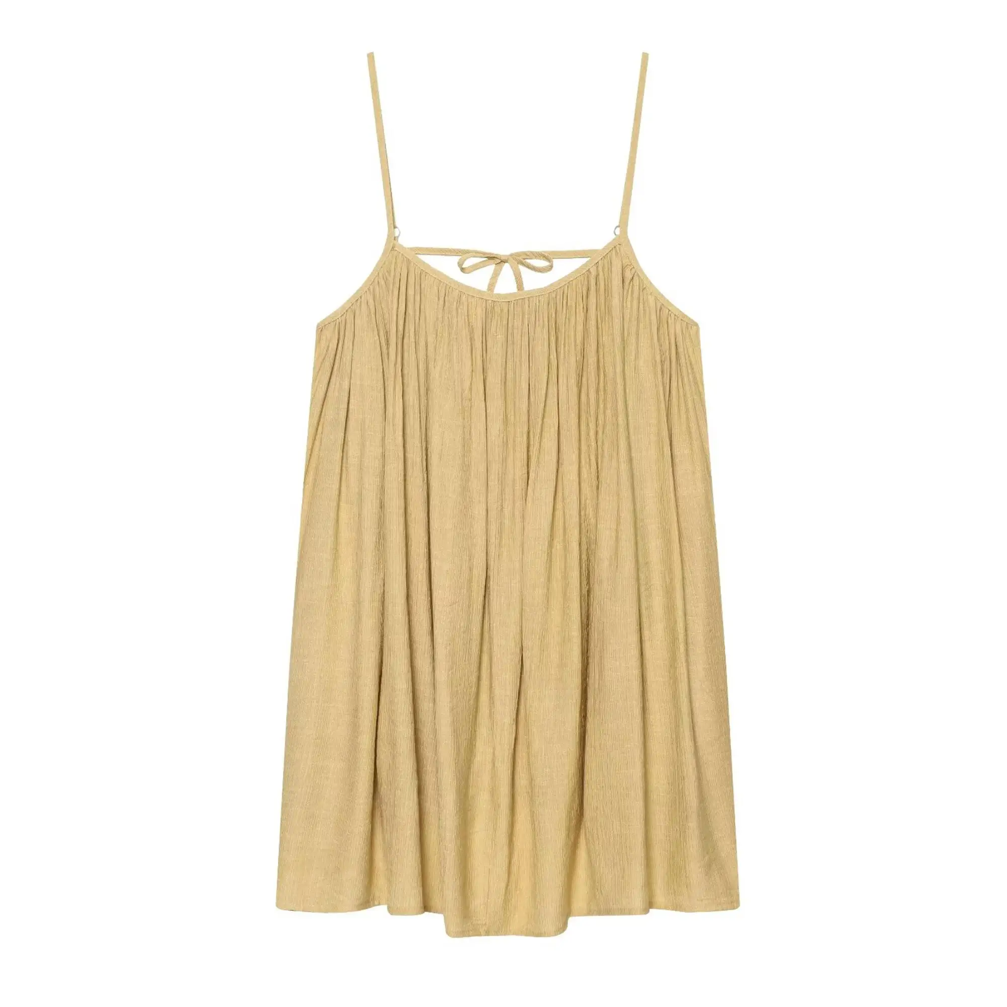 TFMLN Women Round Neck Pleated Sling Dresses Summer New Sleeveless Loose Fit Backless Solid Dress Fashion Holiday Casual Clothes