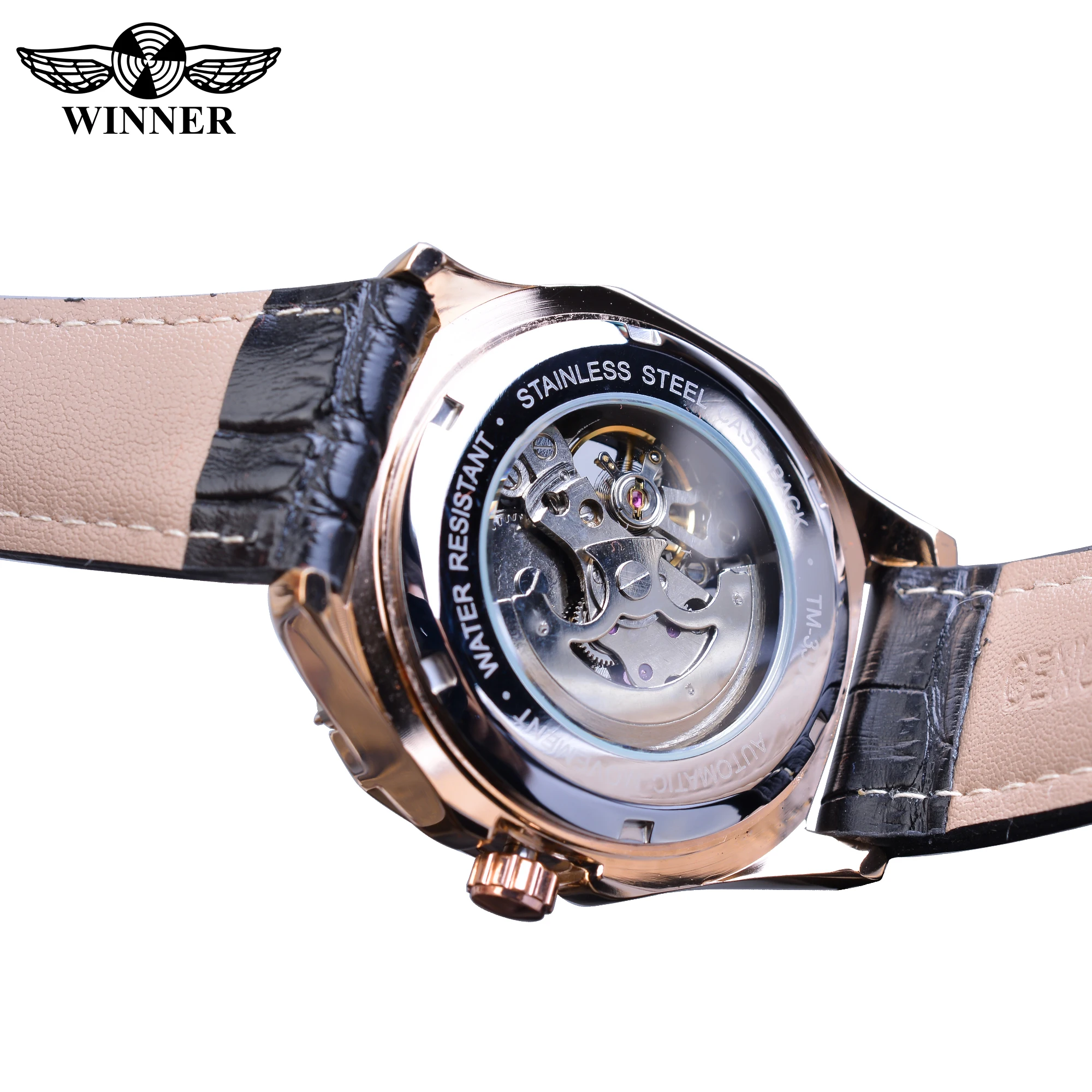 Fashion Winner Top Brand Mens Automatic Rose Golden Hollow Skeleton Leather Male Business Mechanical Clock Dropship Watch