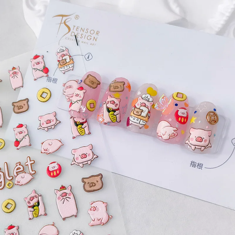 Cute Cartoon Wealthy Piglet 5D Soft Reliefs Self Adhesive Nail Art Decorations Stickers Rabbit Bear 3D Manicure Decals Wholesale