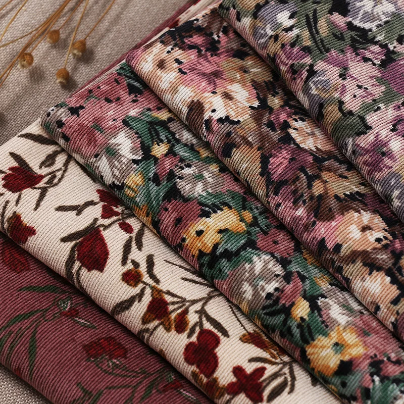 Corduroy fabric Vintage floral print cloth Polyester cloth DIY handmade Women's dress fashion Children's clothing Sewingquilting