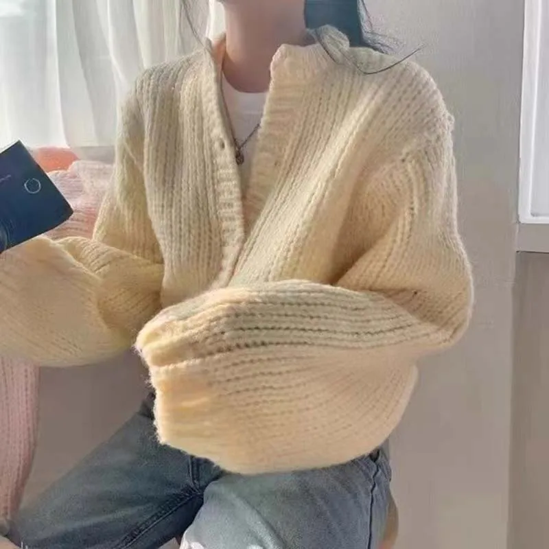 Autumn Winter Solid Knitted Cardigan Women Korean Cropped Sweaters Fashion Casual Soft Sweet Office Lady Jumpers Outerwear