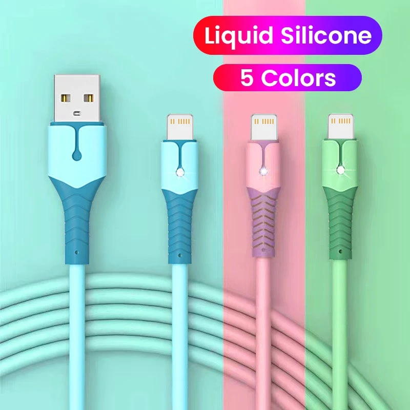 Liquid Silicone USB Cable For iPhone 14 Pro 12 11 13 Pro XS Max Xr X 8 AirPods Pro LED Phone Charger Cord Data Charger Wire 2M