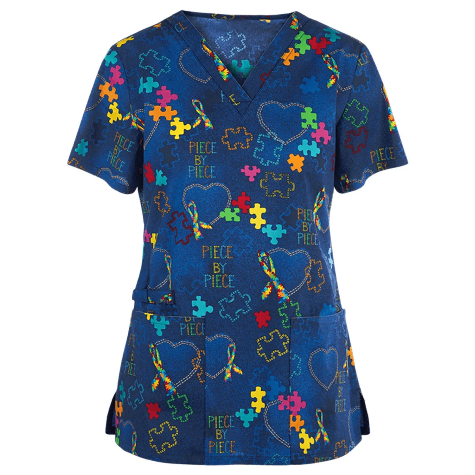 レディース半袖VネックワークTシャツ 可愛い漫画プリント柄トップス ゆったり大きいサイズ 快適ポケット 看護師ユニフォーム S-5XL