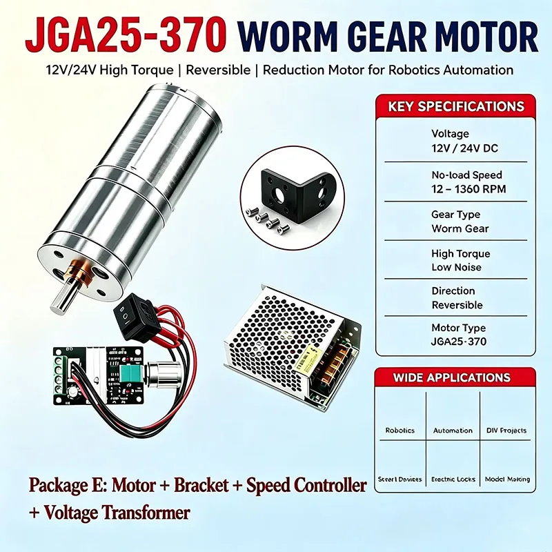 JGA25-370 12V/24V High Torque Worm Gear Motor 12-1360RPM Reversible Reduction Motor for Robotics Automation