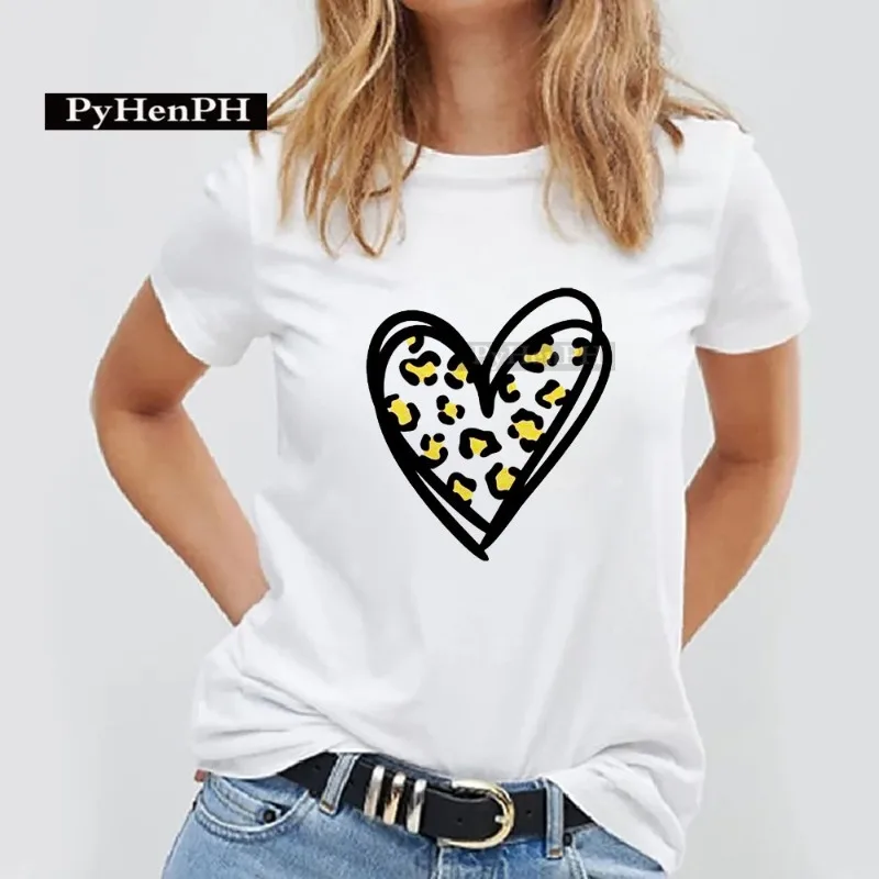 Fashion Leopard Print Love Print Valentine's Day Couple Short-sleeved Crew-neck Casual T-shirt Graphic T Shirts  Women Clothes