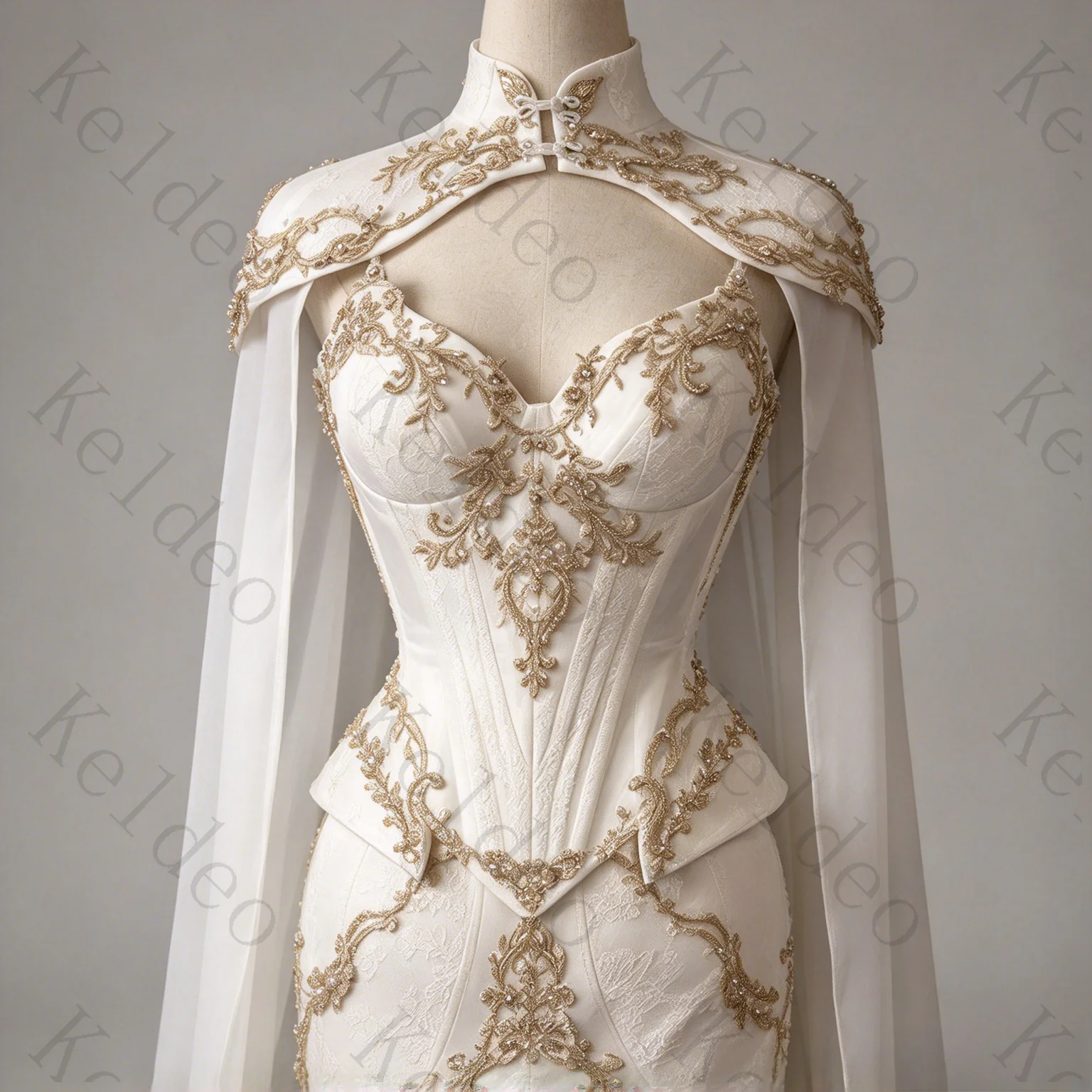 Customized Sweetheart Mermaid Sleeveless Wedding Dresses White Gold Beaded Removable Jacket Open Back Floor Length Bridal Gowns
