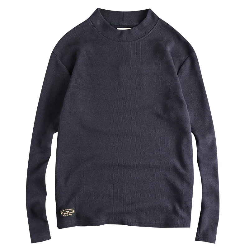 Autumn and Winter New American Retro Long Sleeve O-neck 320g Waffle Knitted T-shirt Men\'s Simple Washed Casual Bottoming Tops