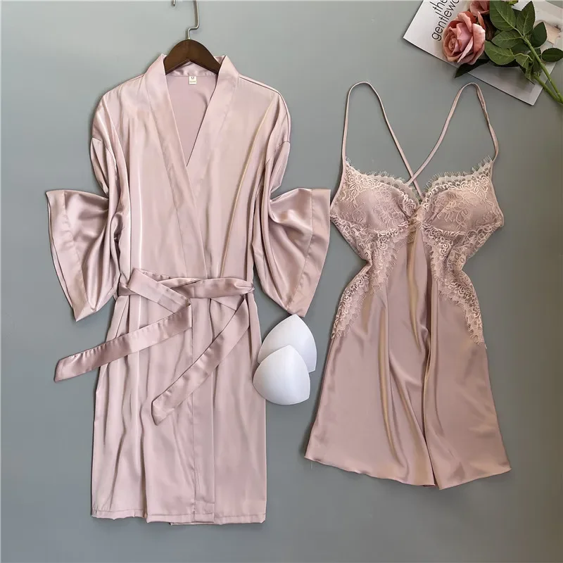 Pink Sweet Lace Trim Kimono Robe Gown Set Lady Casual Faux Silk Sleepwear Sexy V-Neck Hollow Out Nightgown Spring New Home Dress