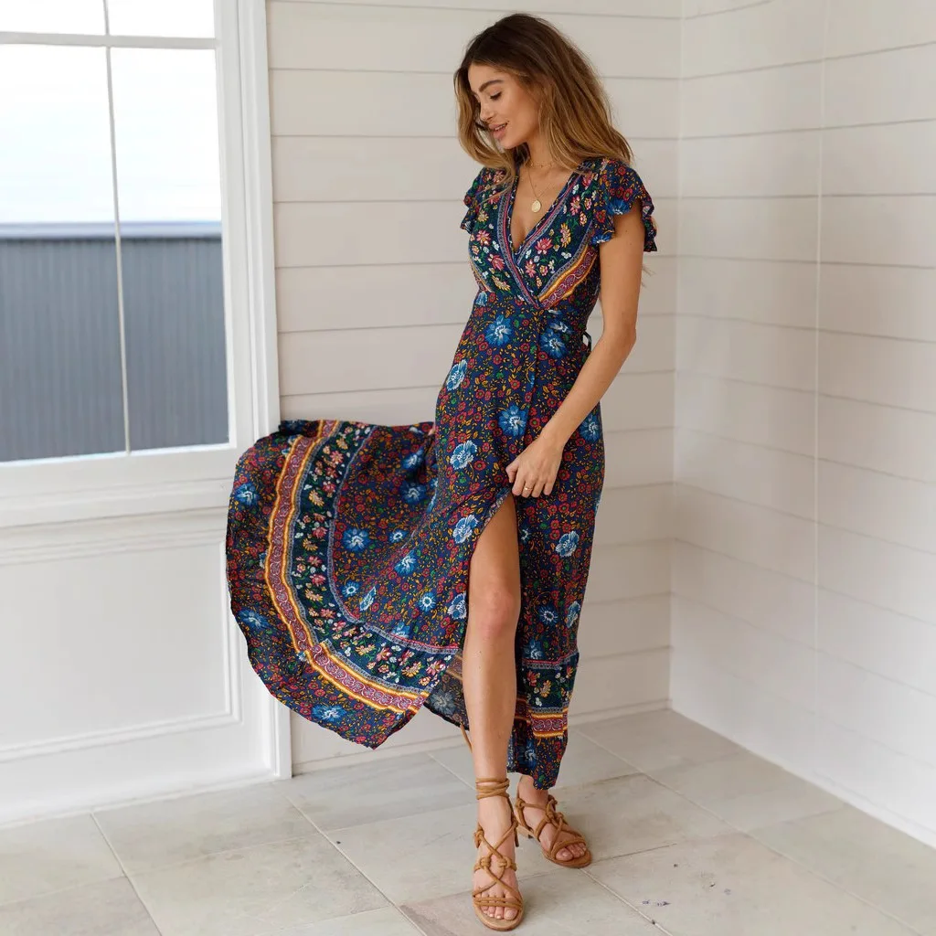 

2025 Summer Fashion Women's New Casual Long Dress V-neck Short-sleeved Slim Dress Vacation Style Printed Sexy Long Elegant Dress