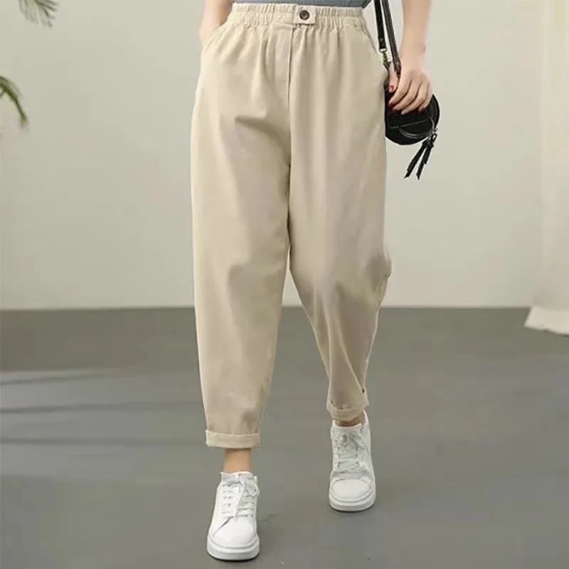 

Ретро-брюки из хлопкового твила, повседневные, больших размеров, женские, весенне-осенние, свободные шаровары, удобные, с завышенной талией, длина 7/8