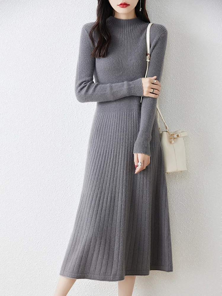 

Fashion 100% Merino Wool Slim Dress Autumn Winter Solid Warm Soft Women Knitted Mock-Neck Long Pullover Sweater A-Line Skirts