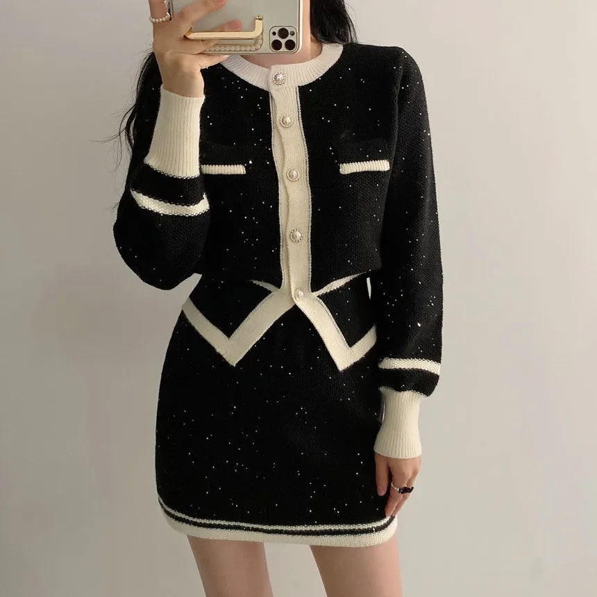 Vintage sequin Knitted Two Piece Set for women Contrast Color Long Sleeve Cardigan Top + Mini Skirt Sets Korean Fashion Outfits